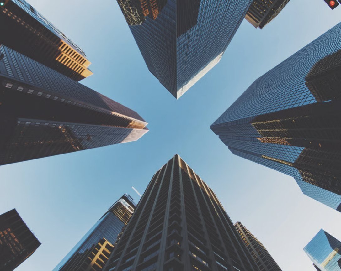 Office towers seen from street level